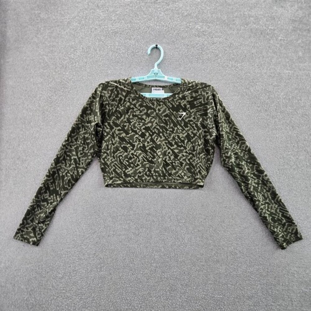 Gymshark Women Activewear Top M Green Camouflage Logo Long Sleeve